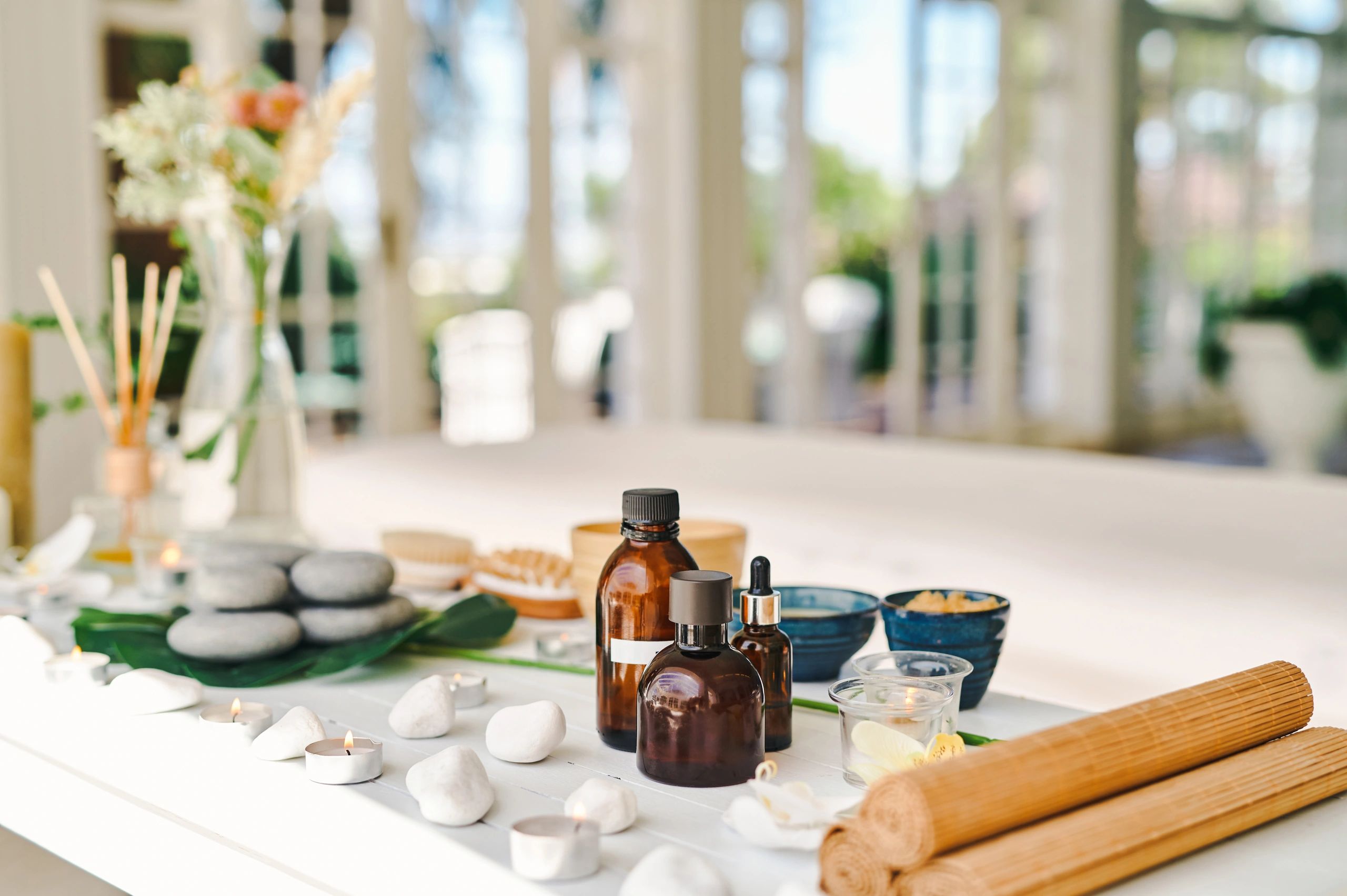 Beauty spa products arranged on a table