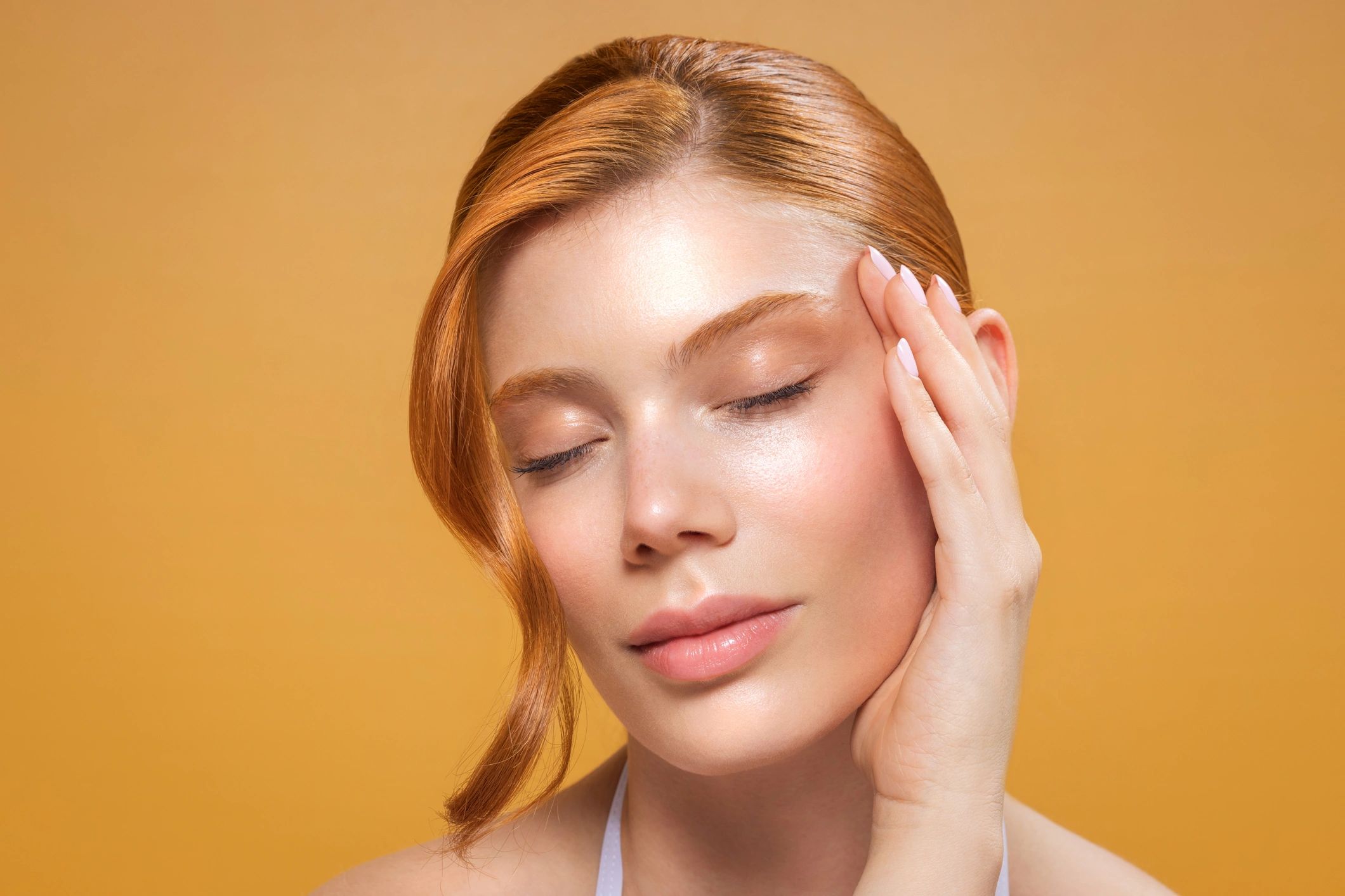 Woman applying facial serum in a clean beauty editorial setting